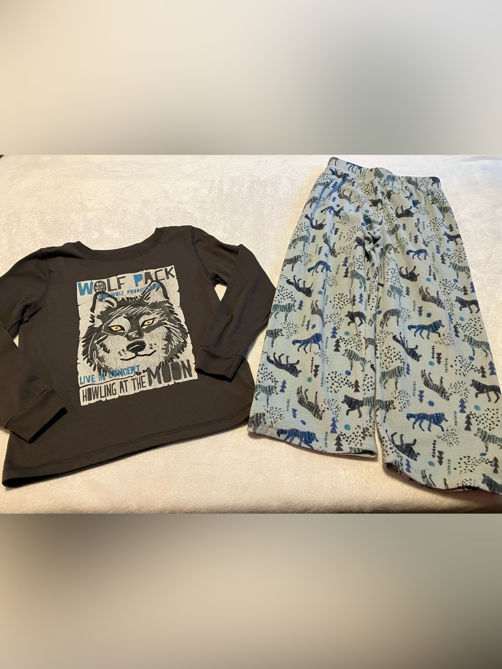 Kids Wolf Pack Fleece Pajama Set - Gray Top & Light Blue Pants - Picture 1 of 5